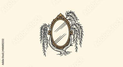 Vintage Ornate Oval Mirror with Weeping Willow Branches.