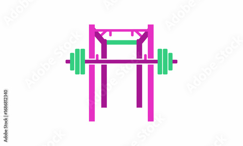 A vibrant magenta and purple power rack holding a green barbell with weight plates, shown in a flat, minimalist graphic style.