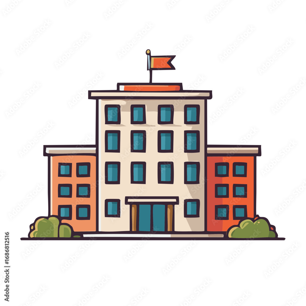 Fototapeta premium Illustration of a multistory school building with flag and garden bushes