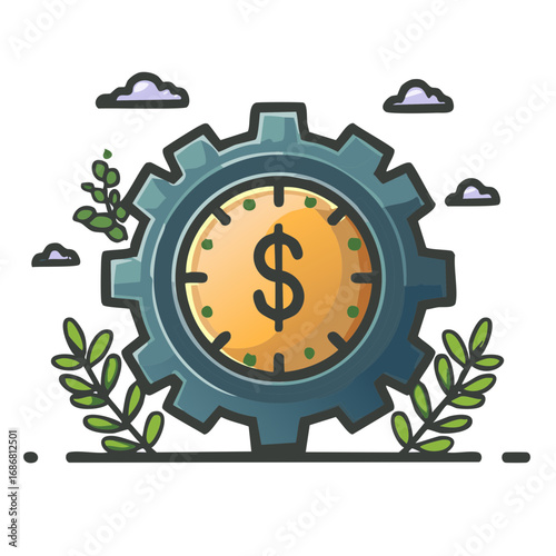 Growing Financial Engine A Gear Clock with Money Symbol and Green Plants
