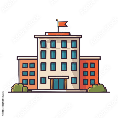 Illustration of a multistory school building with flag and garden bushes