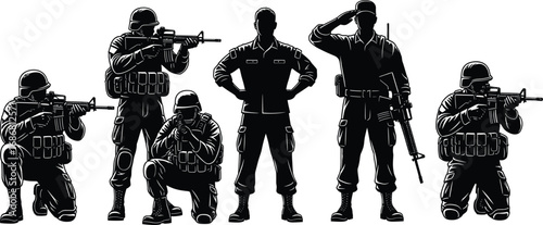 Black Silhouette Vector of Armed Military Soldiers in Tactical Gear and Various Poses for Army, Defense, Security, and Combat Concepts