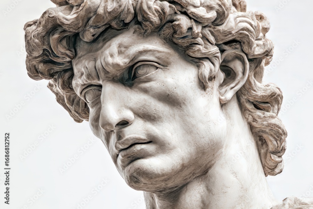 Naklejka premium Classical Stone Sculpture of a Male Bust with Intense Expression in Bright Natural Light