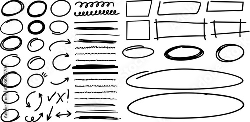Hand-drawn sketch elements including circles, arrows, lines, and frames. Ideal for highlighting text or annotations in presentations and design projects