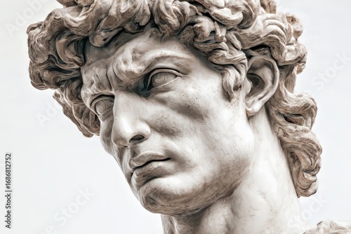Classical Stone Sculpture of a Male Bust with Intense Expression in Bright Natural Light
