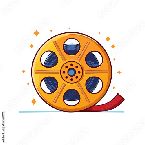 Animated film reel with red strip, stars and stylized film elements, illustration
