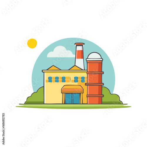 Colorful cartoon illustration of an industrial factory with a smokestack and sun.