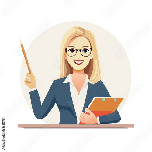 Blonde businesswoman in glasses holding a pencil and clipboard
