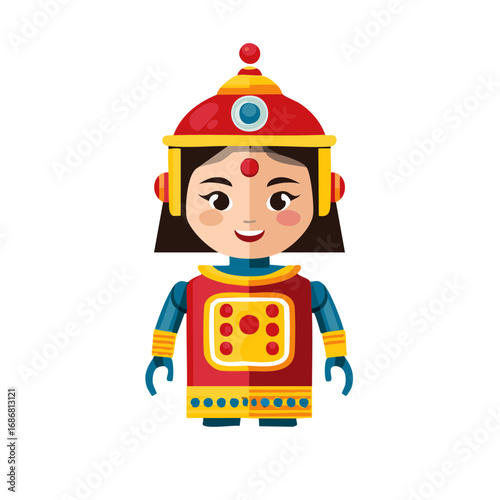 Cute robot character with a red and yellow helmet, face with a red dot and a smile