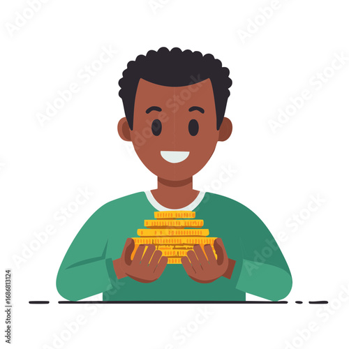 Smiling person holding a tall stack of gold coins and showing wealth and prosperity