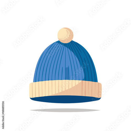 Warm blue knitted winter beanie hat with a pompom and cuff vector illustration