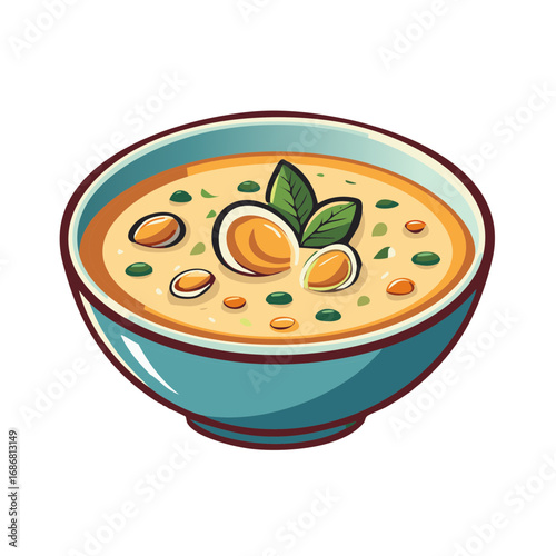 Colorful bowl of hearty soup with visible ingredients and fresh green herb garnish