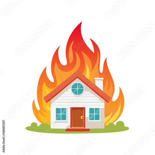 Cartoon house engulfed in flames illustration, danger, property loss concept
