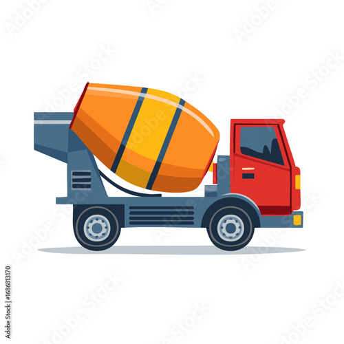 Colorful concrete mixer truck vector illustration. Heavy construction machinery vehicle for building sites.
