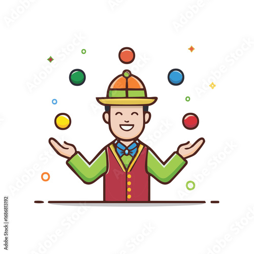 Cartoon illustration of a cheerful juggler wearing a hat juggling colored balls