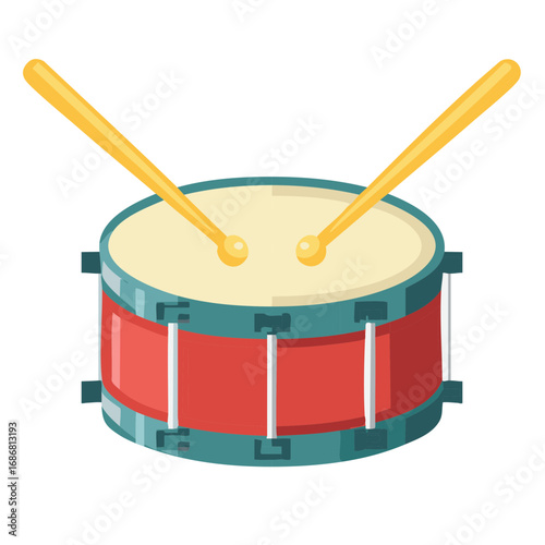 Red Snare Drum with Two Yellow Drumsticks Ready to Play Music