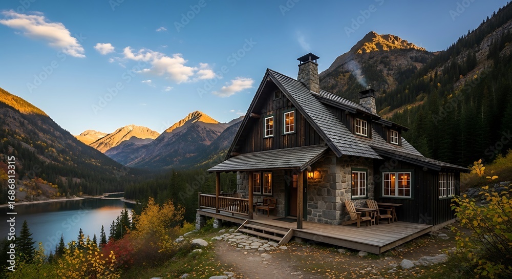 Fototapeta premium Mountain Cabin Autumn Sunset Lake.