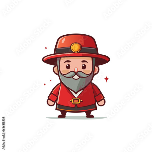 Chibi Cartoon Man in Red Hat and Coat with Beard