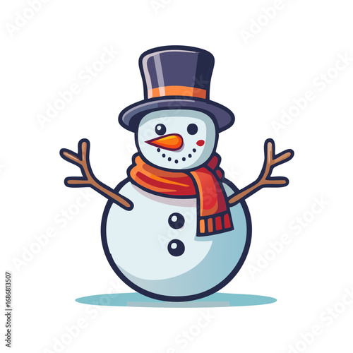 Cartoon Snowman with hat, scarf, and twig arms against a white background