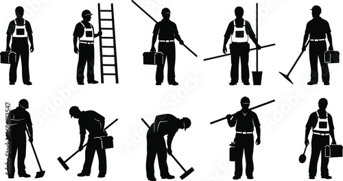 Black Silhouettes of Construction Workers with Tools and Safety Gear in Various Poses for Industrial Labor and Building Vector Illustration