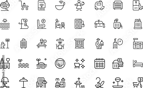 Accommodation Hotel Outline Icons – Thin line vector pack for booking, room service, and tourism.