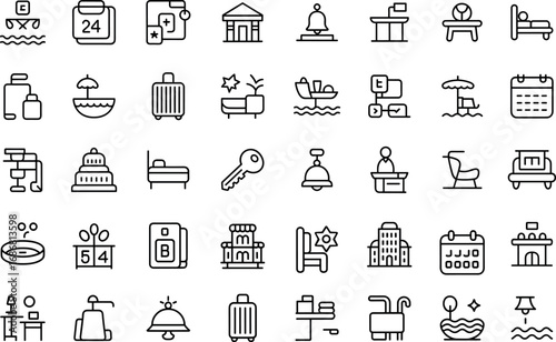 Travel and Hotel Outline Icons – Modern thin line vector pack for guest stay, booking, and tourism.