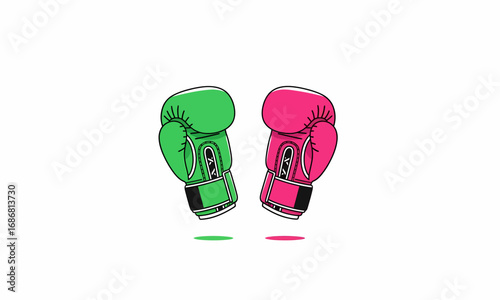 Cartoon Illustration of Green and Pink Boxing Gloves, Isolated on White Background.