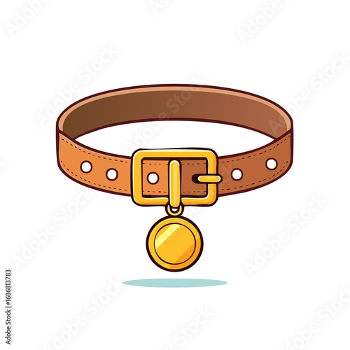 Pet collar with a golden tag. Dog accessories with leather belt and pendant isolated cartoon style