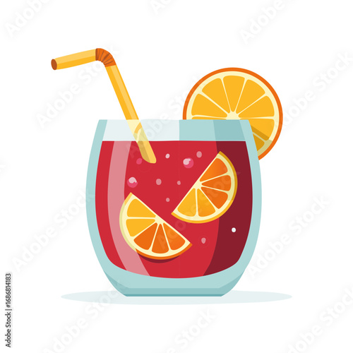 Refreshing red cocktail with orange slices and a straw in a glass