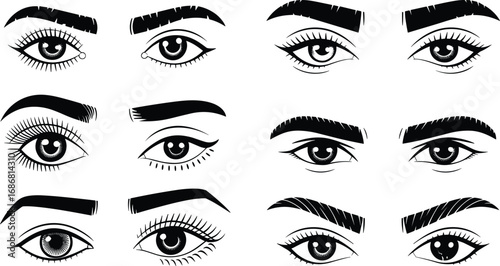 Set of artistic eye illustrations, various eye shapes, eyebrows, eyelashes, detailed vector art, beauty symbols, fashion icons, facial features, black and white design