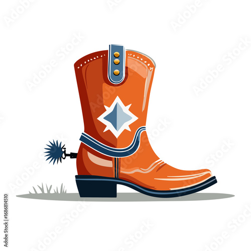 Vibrant orange cowboy boot illustration with a sharp spur and classic western style decorative stitching