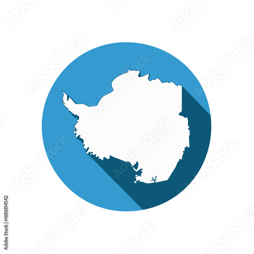 White map silhouette of Antarctica inside a blue circle with a long shadow