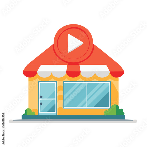 Video playback button on storefront awning representing media business or online content creation