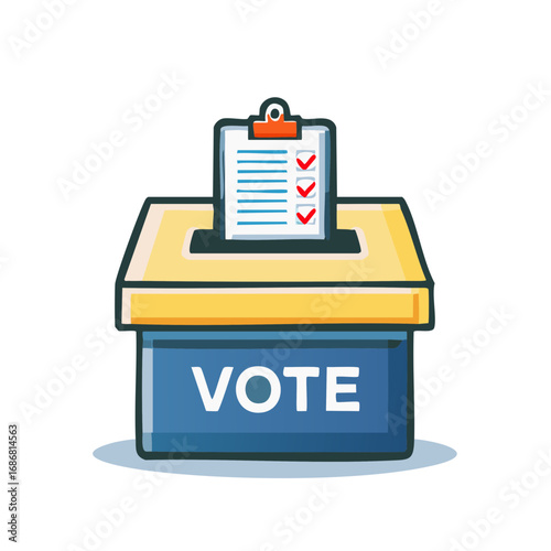 Blue and yellow vote box with clipboard document and red checkmarks for democratic election