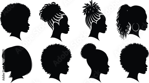 Black women hairstyle silhouette collection featuring diverse afro, bun, braids, dreadlocks, ponytail, bob, and cultural hair design variations