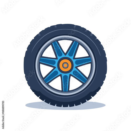 Modern car wheel with dark blue tire and light blue spokes vector illustration