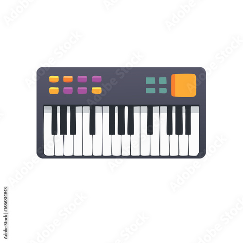 Modern electronic keyboard musical instrument with colorful control buttons and piano keys flat design