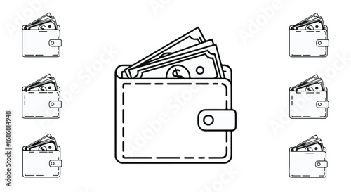 Open wallet overflowing with cash, surrounded by empty wallets, representing financial disparity.