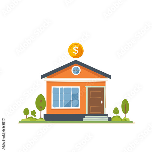 Illustration of a house with a golden dollar coin above it, concept for finances