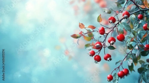 Rosehip branch illuminated by a bokeh-filled, soft, dreamlike, turquoise light