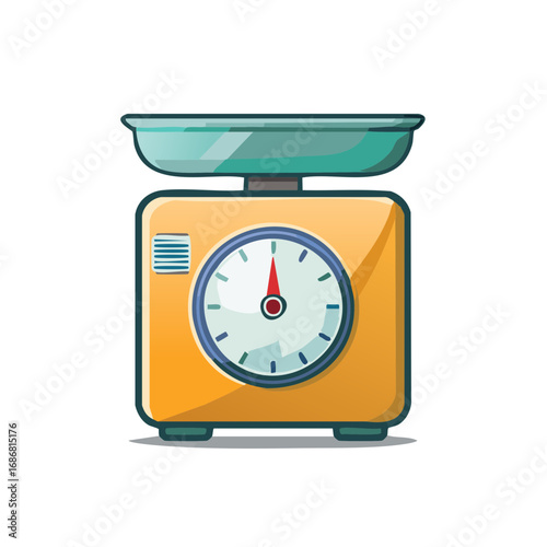 Vibrant yellow and teal analog kitchen scale for measuring food ingredients and baking