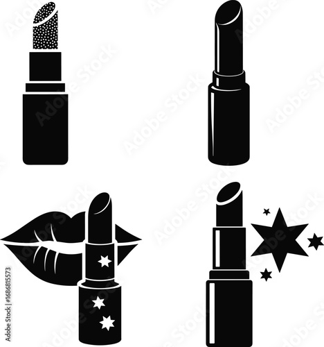 Set of black lipstick and lips silhouette vector icons, perfect for beauty, fashion, makeup branding, glam cosmetics, and feminine design themes.