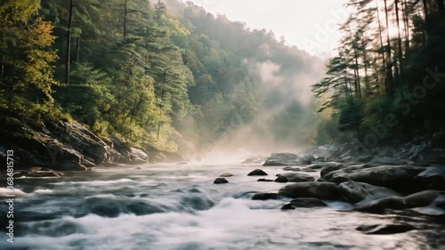 A tranquil river winds through a misty forest, bathed in the soft morning light.