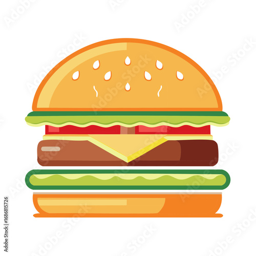 Illustration of a juicy cartoon burger with layers of delicious fillings