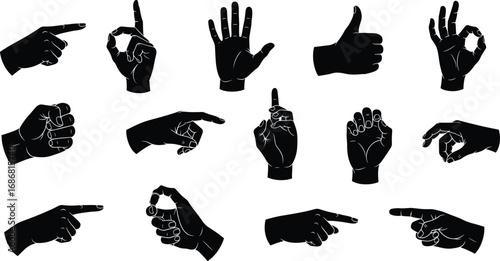 Collection of fourteen black hand gesture silhouettes showing signs, symbols, and finger positions for communication, sign language, and vector design