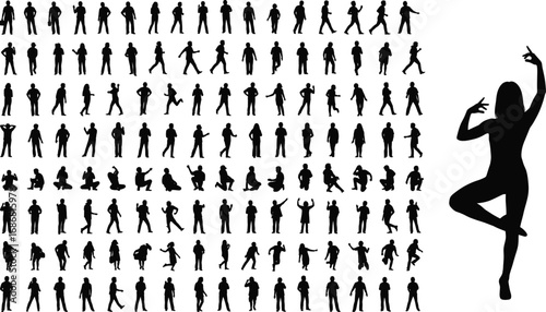 Collection of human silhouette poses in various standing, walking, sitting, and dancing positions, vector illustration for art, design, and animation