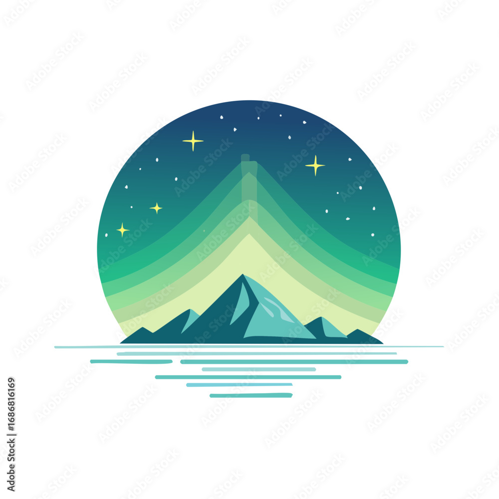 Fototapeta premium Scenic Mountains and Stars in Round Gradient Frame with Horizontal Water Lines, Vector Illustration