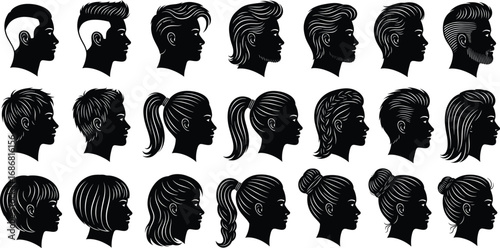 Collection of male and female hairstyle silhouette profiles in side view, diverse modern haircuts and styles for fashion and beauty design