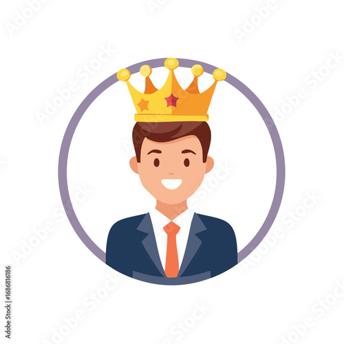 Smiling cartoon businessman avatar wearing a golden crown in a circle frame vector illustration