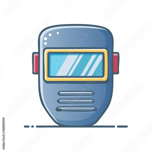 Blue welding mask with a yellow trim and red ear guards on a white background